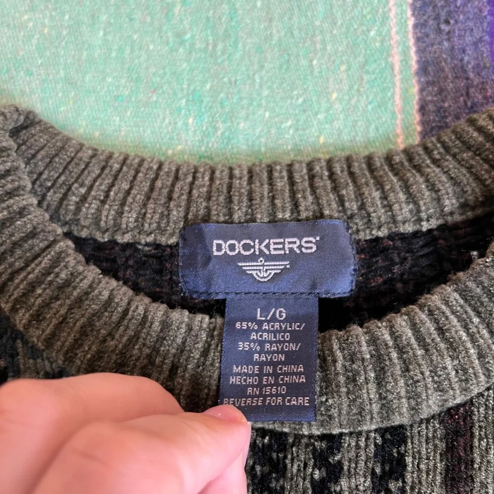 Dockers Plaid Sweater Mens Large Green Crewneck Long Sleeve Knit Acrylic Blend